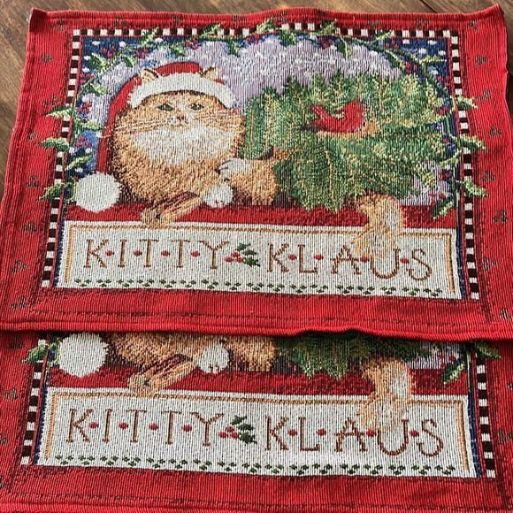 Vintage Set (2) Tapestry Rectangle Christmas Kitty Klaus Cotton Blend Placemats - Picture 1 of 16